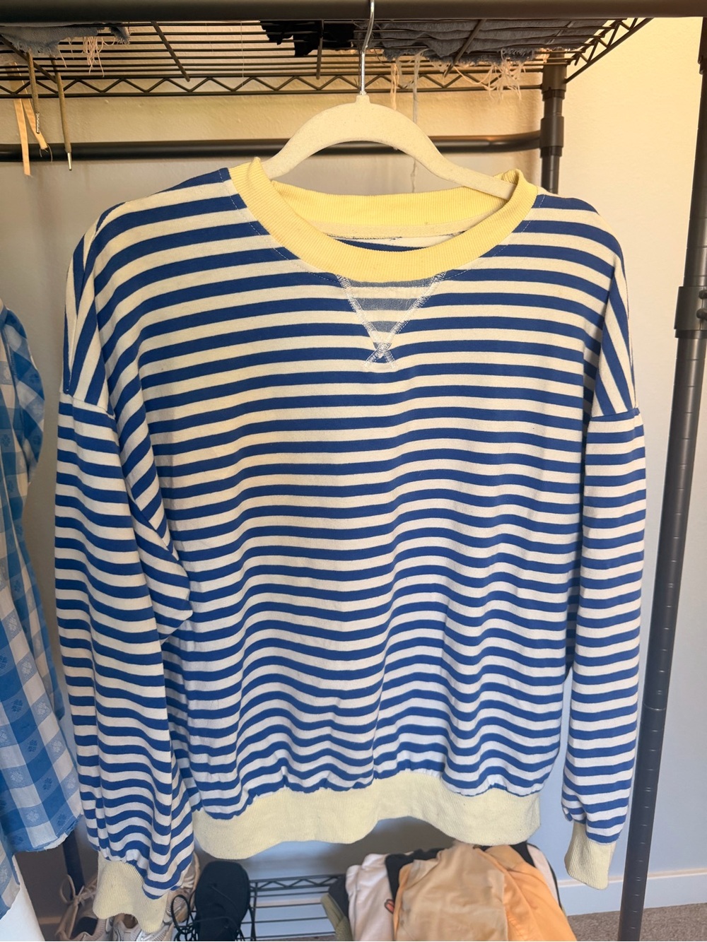 Blue and White Striped Crewneck Sweatshirt with Yellow Trim